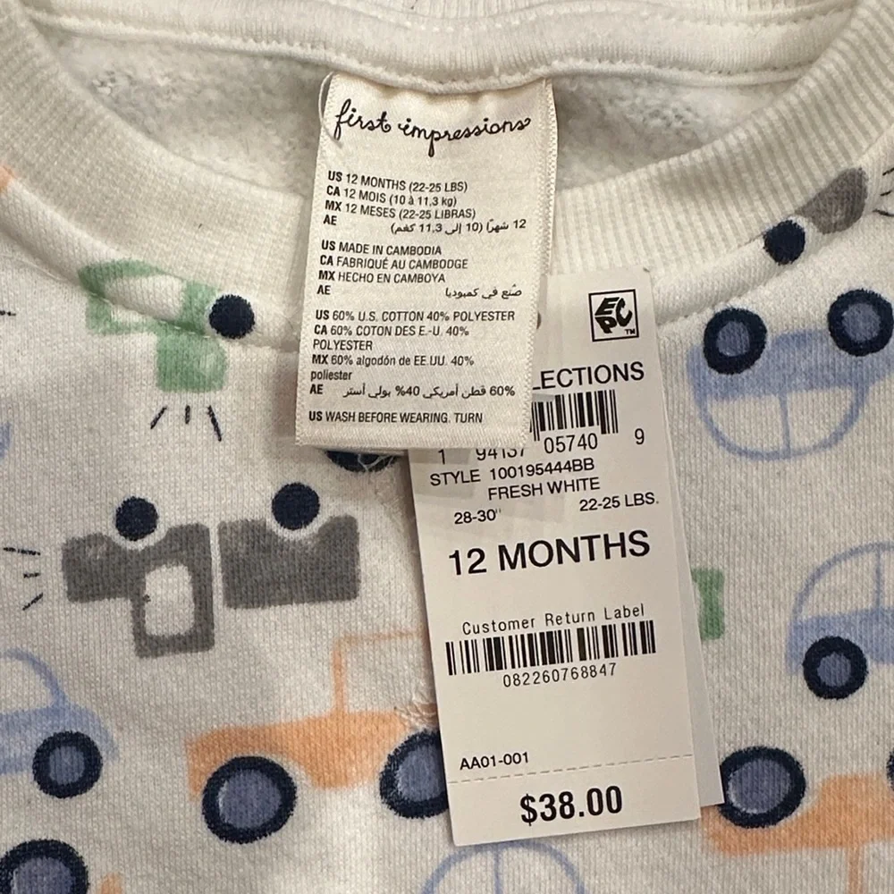 NWT. First Impressions White Sweatshirt with Colorful‎ Vehicle Print 12 months